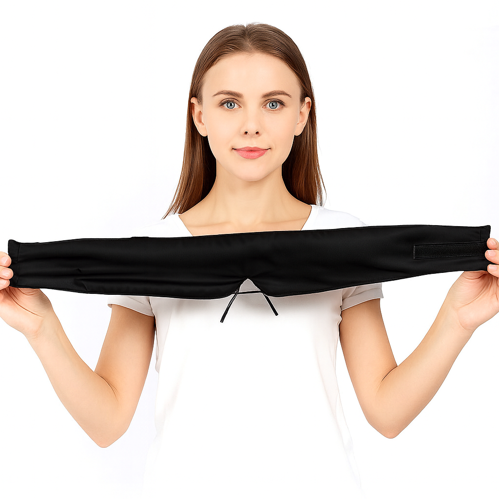 Mujer mostrando el antifaz de seda Hipneum color Negro Obsidiana con cierre ajustable