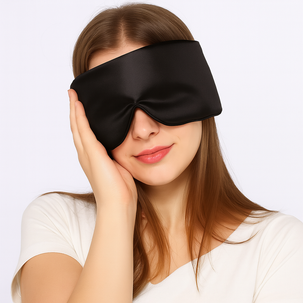 Mujer usando el antifaz de seda Hipneum color Negro Obsidiana mientras descansa