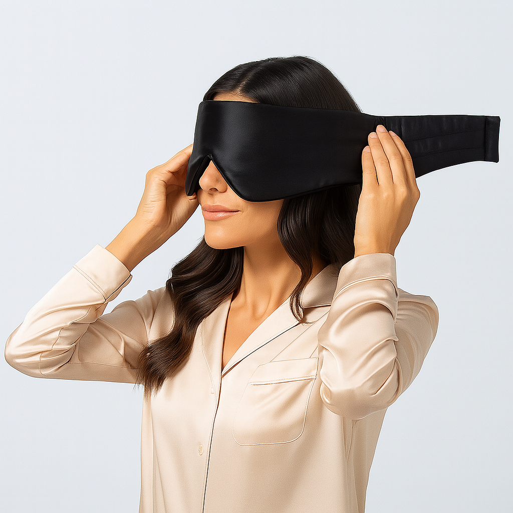 Mujer colocando el antifaz de seda Hipneum color Negro Obsidiana antes de dormir