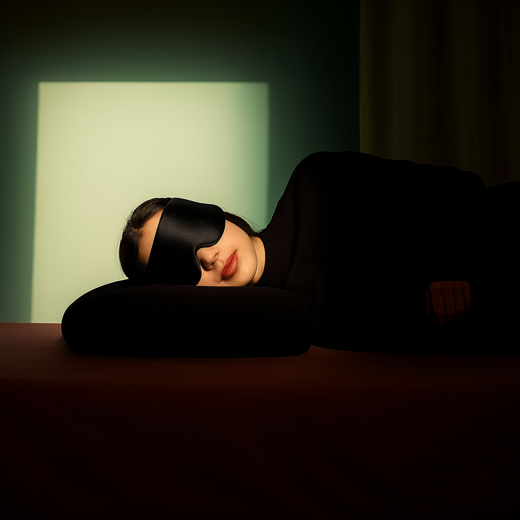 Mujer durmiendo con el antifaz de seda Hipneum color Negro Obsidiana