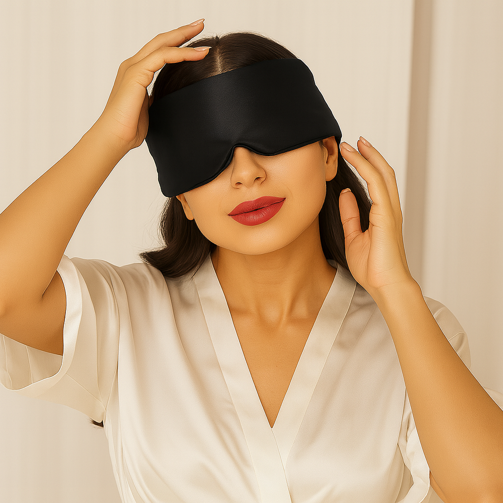 Mujer colocándose el antifaz de seda Hipneum color Negro Obsidiana