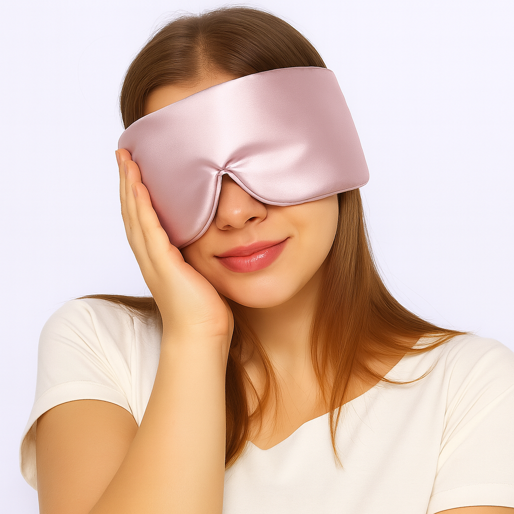 Mujer relajada con antifaz de seda color Rosé Mimo HIPNEUM sobre fondo claro.