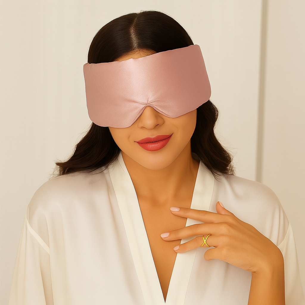 Mujer elegante con antifaz de seda color Rosé Mimo HIPNEUM sobre fondo beige cálido.