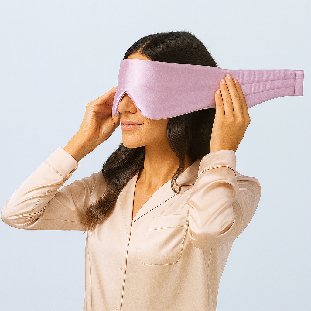 Mujer ajustándose un antifaz de seda color Rosé Mimo HIPNEUM sobre fondo azul claro.