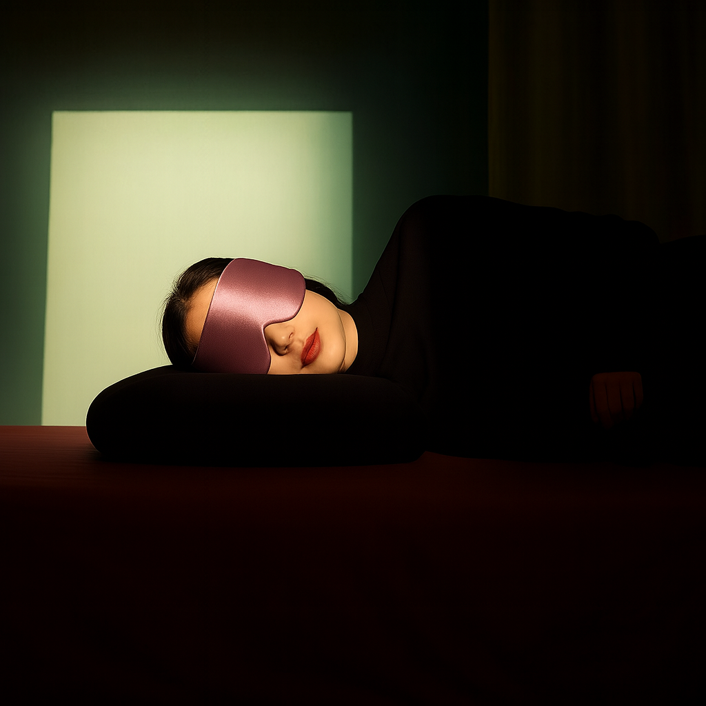 Mujer durmiendo con antifaz de seda color Rosé Mimo HIPNEUM en habitación con luz cálida.