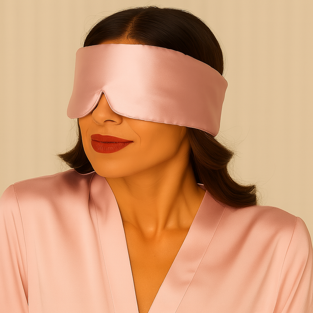 Mujer elegante con antifaz de seda color Rosé Mimo HIPNEUM y bata de satén rosada sobre fondo beige.