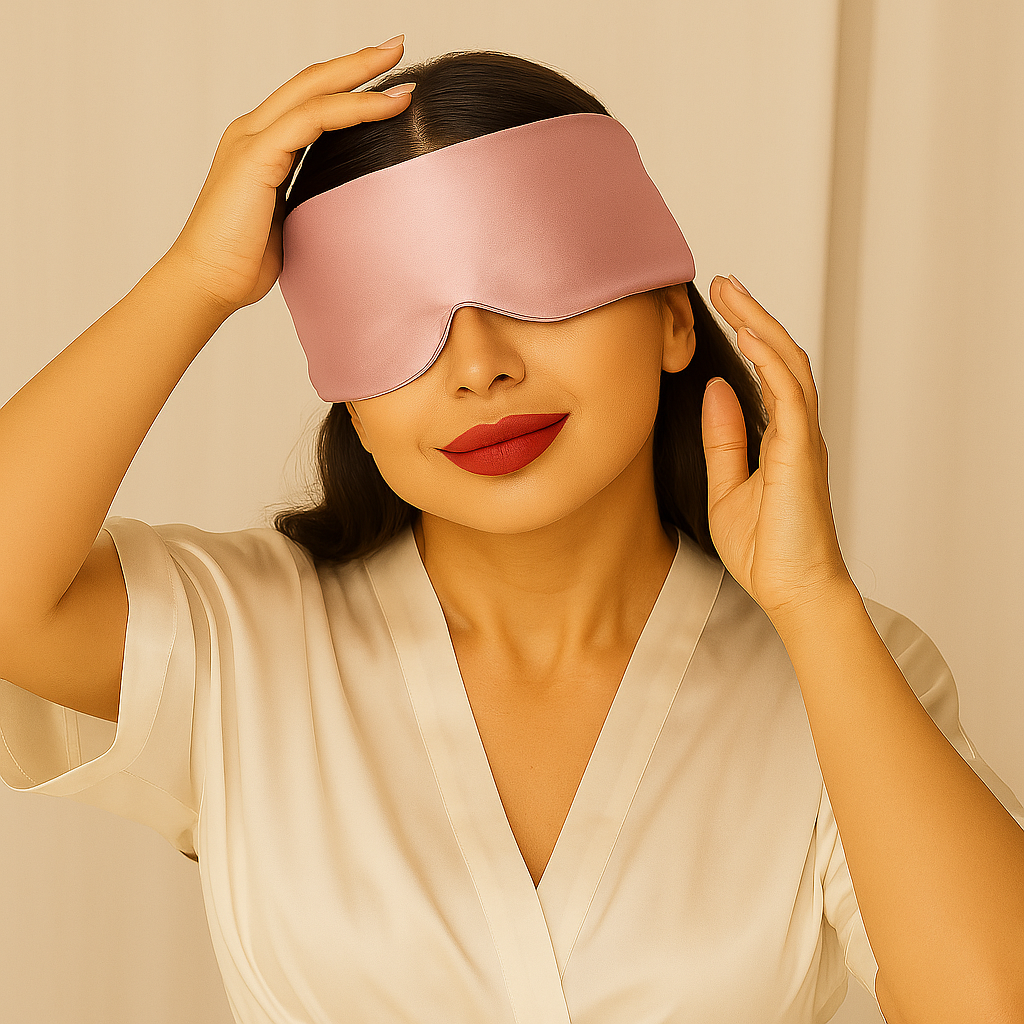 Mujer sonriendo mientras se ajusta un antifaz de seda color Rosé Mimo HIPNEUM con bata marfil.