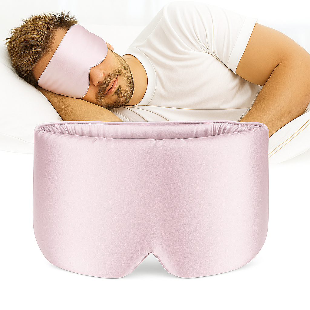 Hombre durmiendo con antifaz de seda color Rosé Mimo HIPNEUM, con detalle del producto en primer plano.
