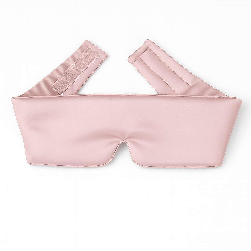 Antifaz de seda color Rosé Mimo HIPNEUM sobre fondo blanco, diseño ergonómico con cierre ajustable.