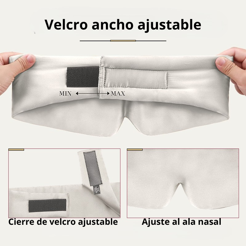 Detalle del antifaz de seda HIPNEUM color Rosé Mimo con cierre de velcro ajustable y diseño anatómico en la zona nasal.
