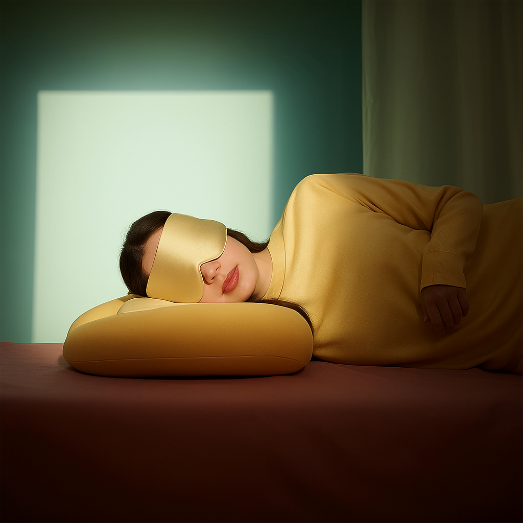 Persona durmiendo con el Antifaz de Seda Natural Hipneum Champagne Dorado